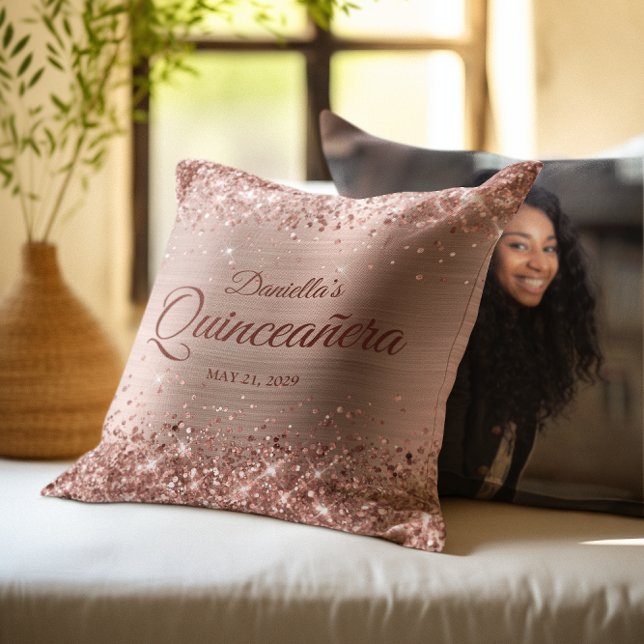 Glittery Ro Guld Glam Quinceanera Photo Kudde (Glittery Rose Gold Glam Quinceanera Photo Throw Pillow)