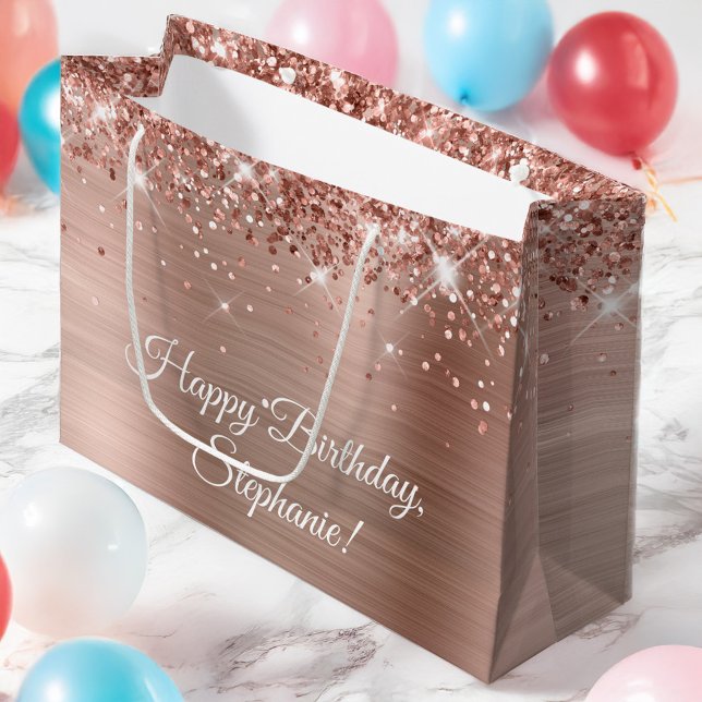 Glittery Ro Guld Personlig Grattis på födelsedagen (Glittery Rose Gold Personalized Happy Birthday Large Gift Bag)