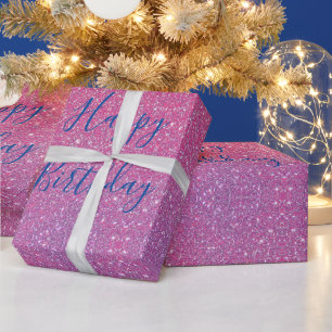 Glittery Ro Guld Rosa Blue Ombre Grattis på föde Presentpapper