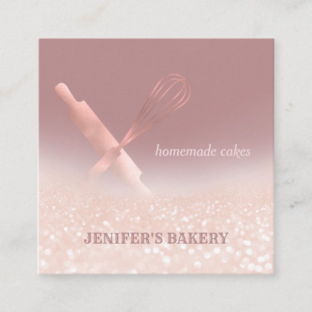 Glittery ro, guld, rullstift, bagerikock fyrkantigt visitkort (Framsida)