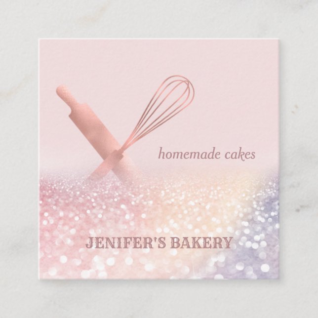 Glittery ro, guld, rullstift, bagerikock fyrkantigt visitkort (Framsida)