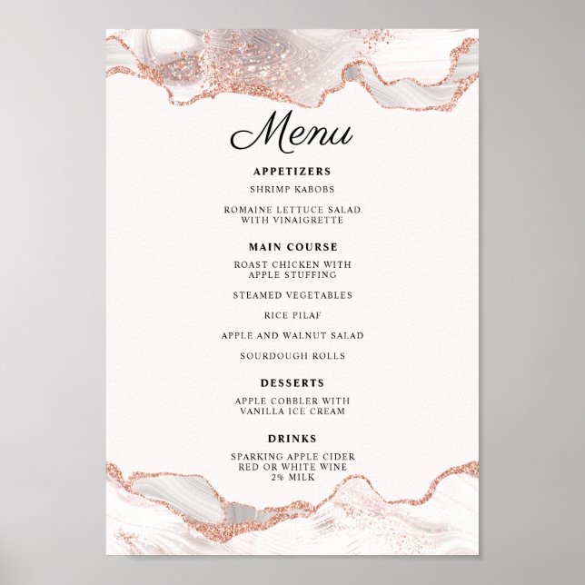 Glittery Ro Guld White Agate 2 Gräns Menu A4 Poster (Framsidan)