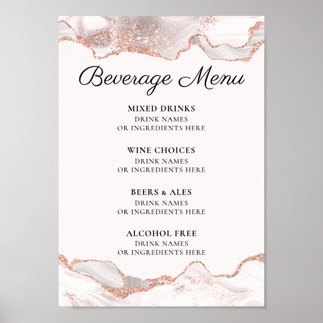 Glittery Ro Guld White Agate Beverage Menu A4 Poster (Framsidan)