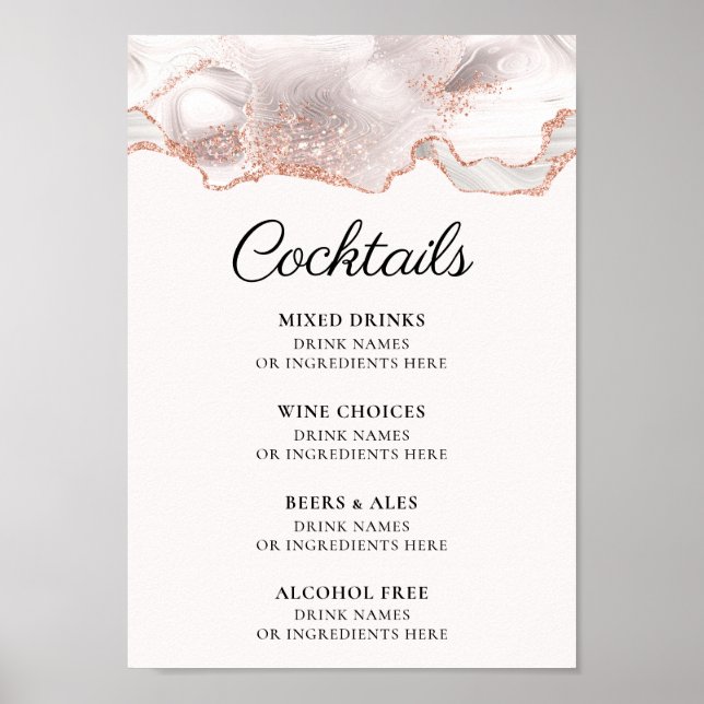 Glittery Ro Guld White Agate Cocktail Menu A4 Poster (Framsidan)