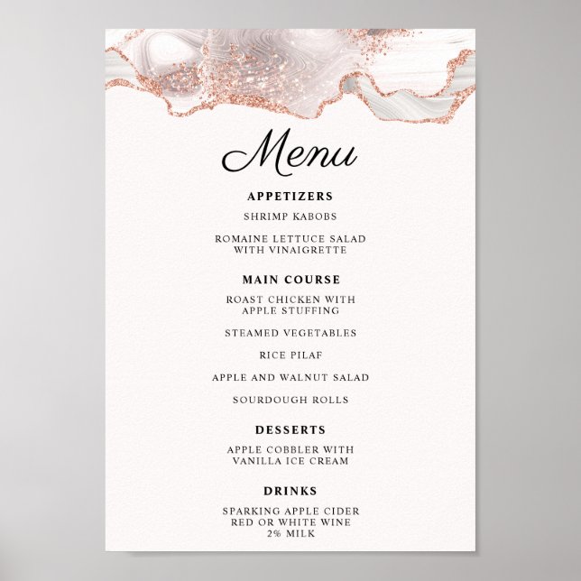 Glittery Ro Guld White Agate Menu A4 Poster (Framsidan)