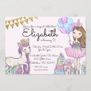 Glittery Rosa Birthday Girl Unicorn Inbjudan