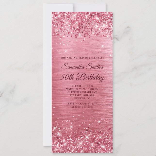 Glittery Rosa Brushed Foil 50:e födelsedagen Inbjudningar (Framsida)