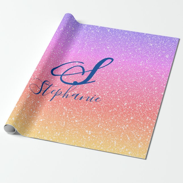 Glittery Rosa Lila Ombre Monogram Namn Cute Presentpapper (Utrullad)