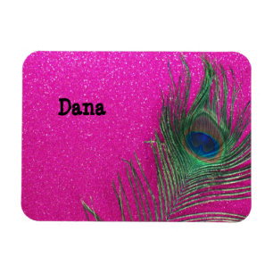 Glittery rosa påfågelfjäder magnet