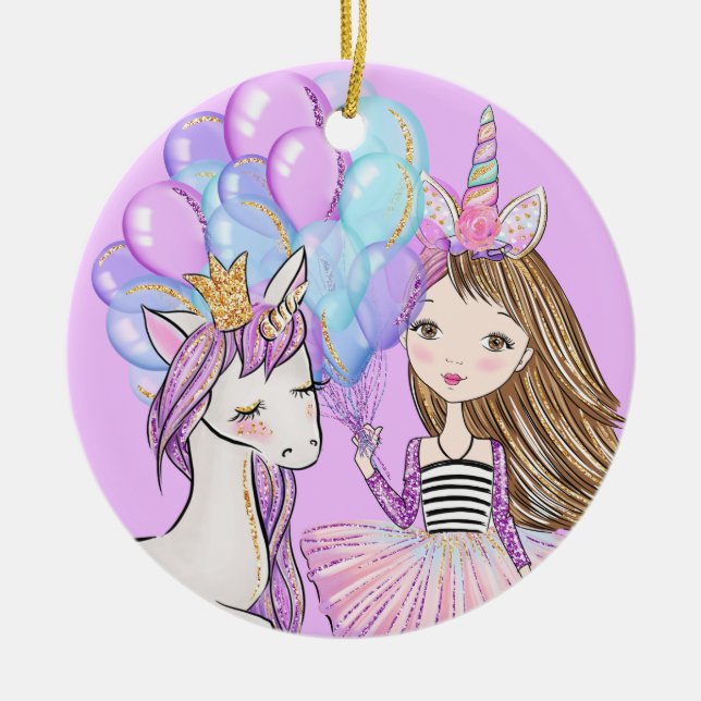 Glittery Rosa Unicorn Girls Birthday Julgransprydnad Keramik (Framsidan)