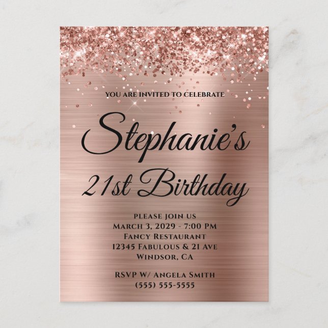 Glittery Rose Gold Fancy Monogram 21st Birthday Inbjudan Vykort (Framsida)