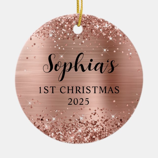 Glittery Rose Gold Foil 1st Christmas Photo Julgransprydnad Keramik (Framsidan)