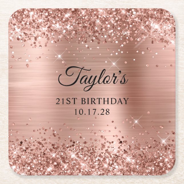 Glittery Rose Gold Foil 21st Birthday Underlägg Papper Kvadrat (Framsidan)