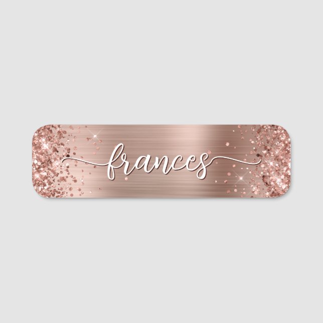 Glittery Rose Gold Foil Handwritten Script Namnbricka (Framsida)