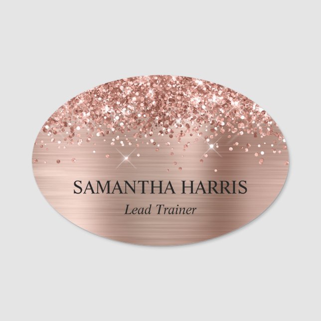 Glittery Rose Gold Foil Rectangle Logo Namnbricka (Framsida)