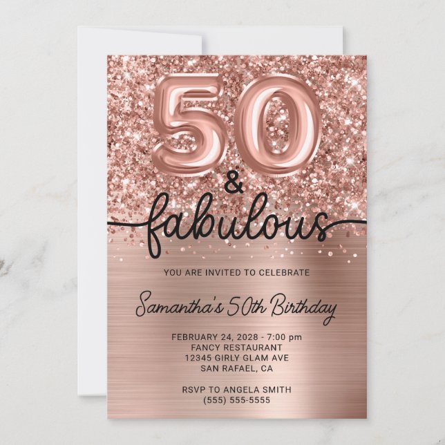 Glittery Rose Gold Glam 50 and Fabulous Inbjudningar (Framsida)