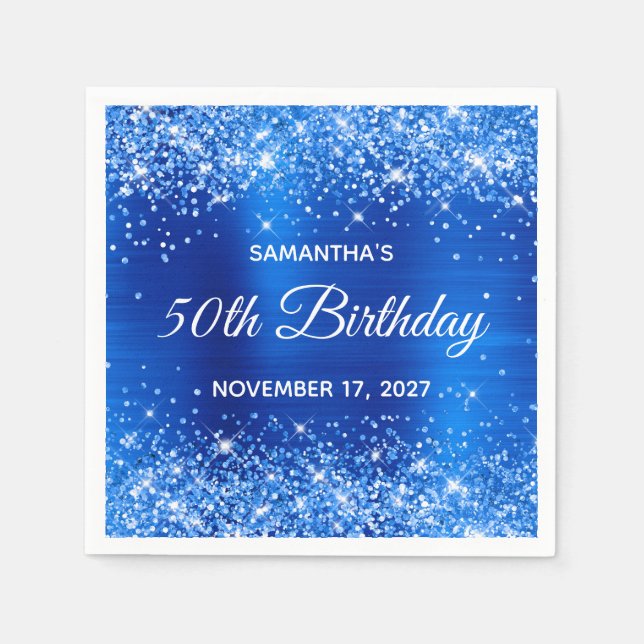 Glittery Royal Blue Foil 50 Birthday Pappersservett (Framsidan)