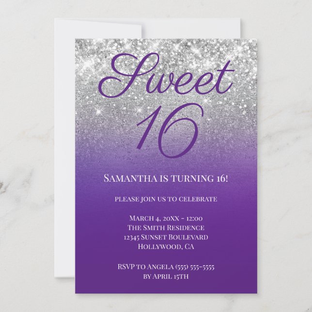 Glittery Royal Lila Silver Ombre Sweet 16 Inbjudningar (Framsida)