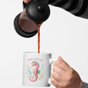 Glittery Seahorse Watercolor Monogram Kaffemugg