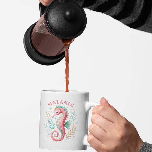 Glittery Seahorse Watercolor Monogram Kaffemugg (Skapare uppladdad)
