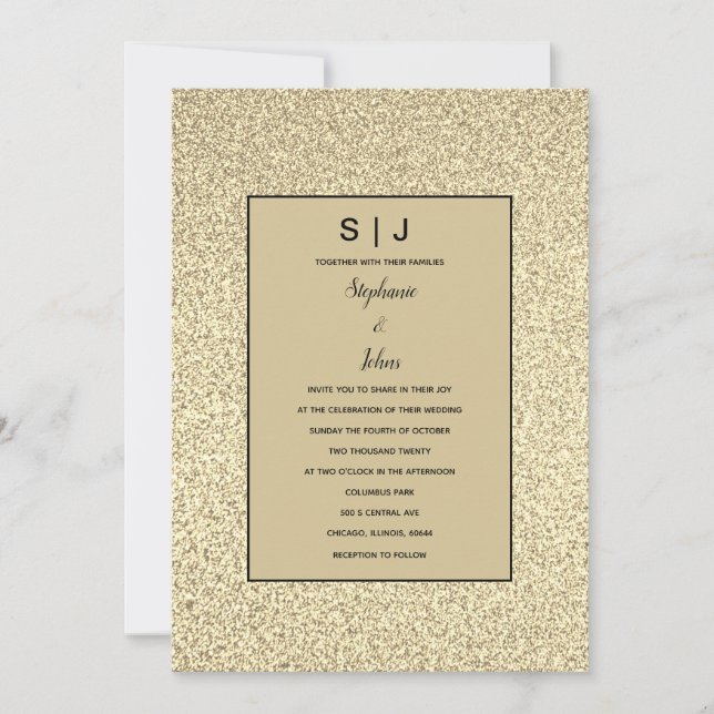 Glittery Sepia Guld Golden Black Elegant bröllop Inbjudningar (Framsida)
