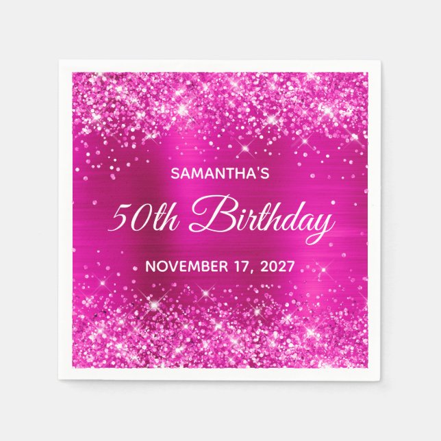 Glittery Shock rosa Foil 50 Birthday Pappersservett (Framsidan)