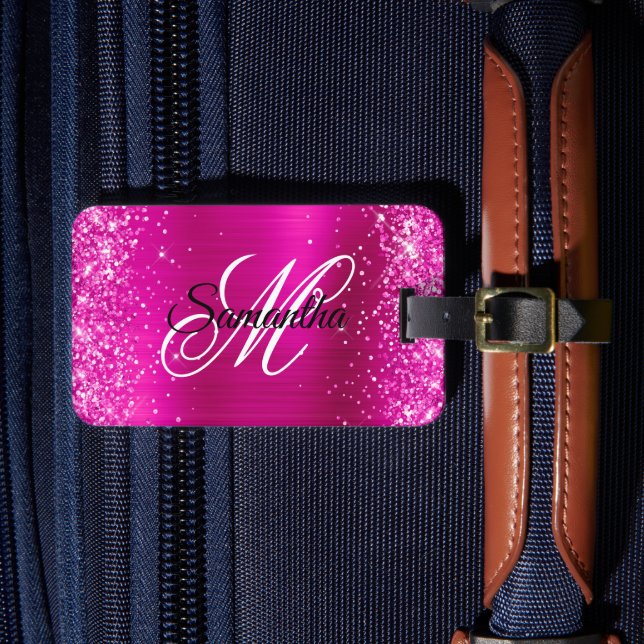 Glittery Shock rosa Foil Finare Monogram Bagagebricka (Framsida Insitu 4)