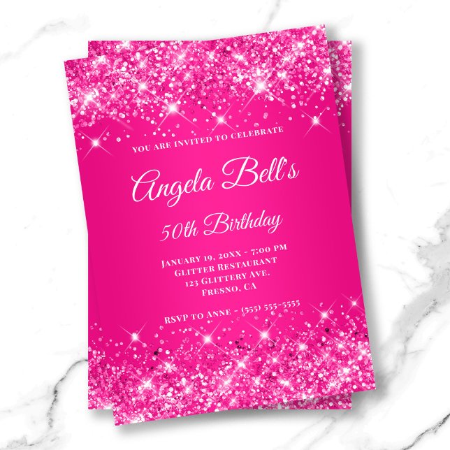 Glittery Shock rosa Ombre Finare Monogram Inbjudningar (Glittery Hot Pink Ombre Fancy Monogram Invitation)