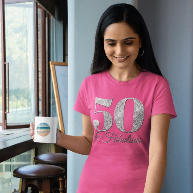 Glittery Silver 50 & Fabulous Rosa T Shirt (50 & Fabulous Birthday Tee)