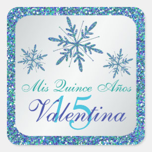 Glittery Silver Aqua Blue Grönt Snöflingor Sticker Fyrkantigt Klistermärke