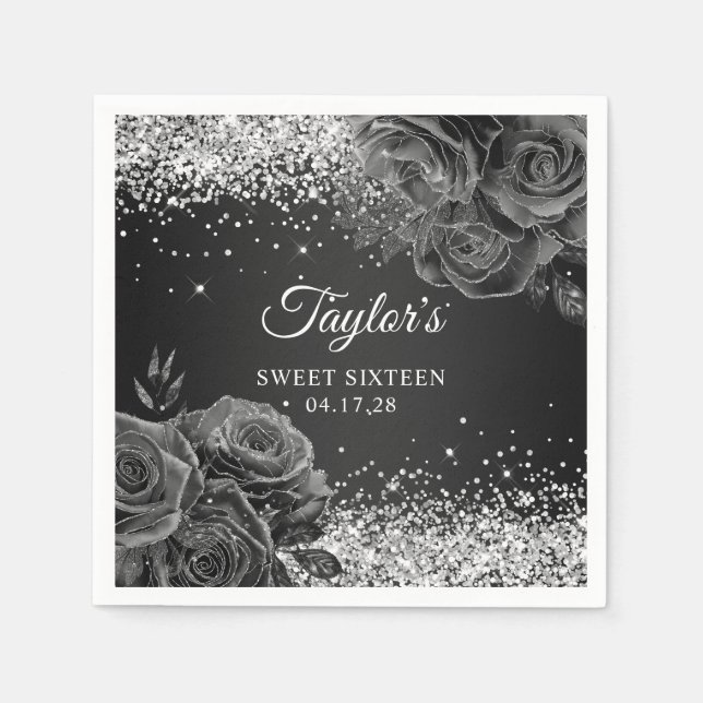 Glittery Silver Black Blommigt Glam Sweet sixteen Pappersservett (Framsidan)