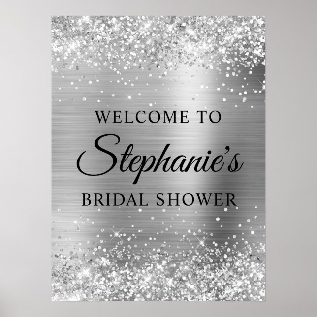 Glittery Silver Faux Foil Bridal Shower Welcome Poster (Framsidan)