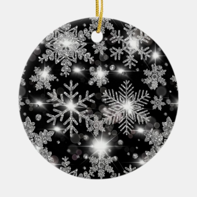 Glittery silver festive snowflake mönster julgransprydnad keramik (Framsidan)