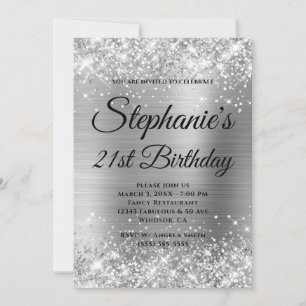 Glittery Silver Finare Monogram 21:a födelsedagen Inbjudningar