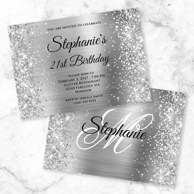 Glittery Silver Finare Monogram 21:a födelsedagen Inbjudningar (Skapare uppladdad)