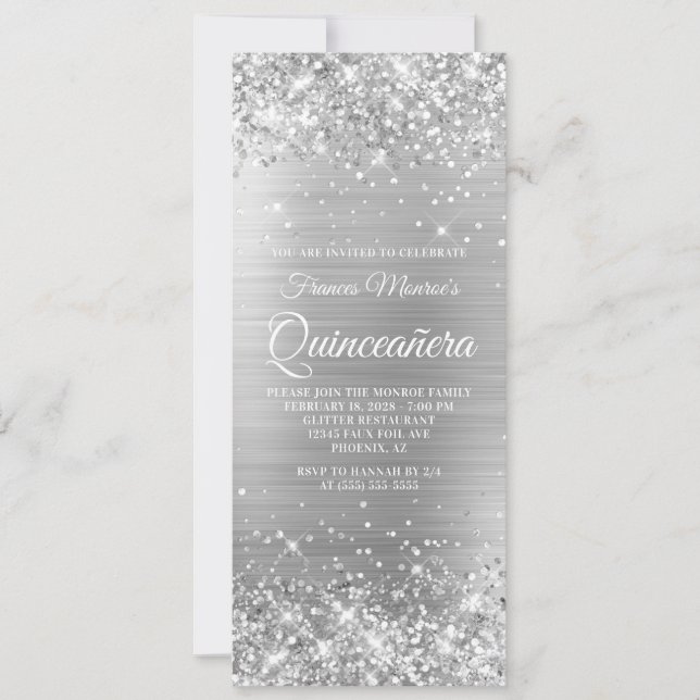 Glittery Silver Foil 15 Quinceañera Inbjudningar (Framsida)