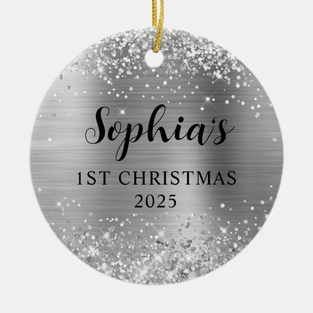 Glittery Silver Foil 1st Christmas Photo Julgransprydnad Keramik (Framsidan)