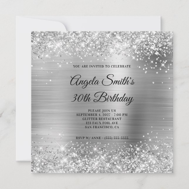 Glittery Silver Foil 30års födelsedag Inbjudningar (Framsida)