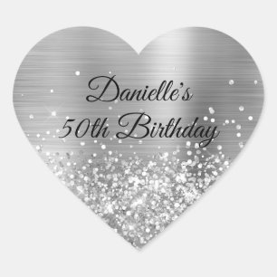 Glittery Silver Foil 50:e födelsedagen Hjärtformat Klistermärke