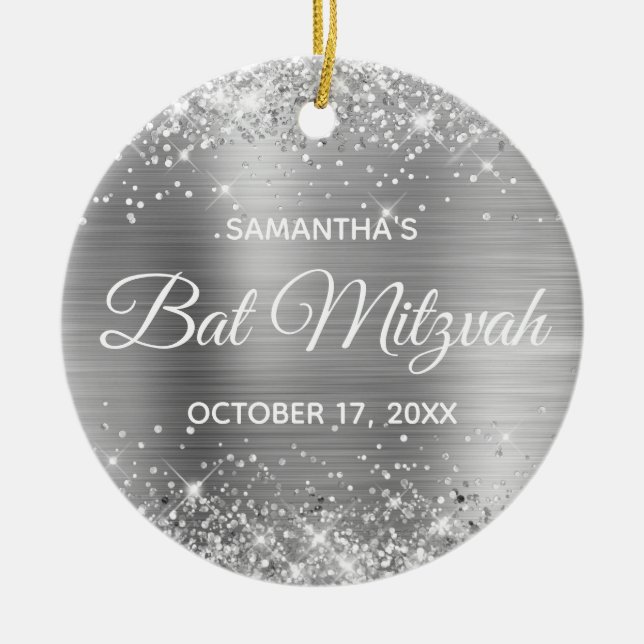 Glittery Silver Foil Bat mitzvah Julgransprydnad Keramik (Framsidan)