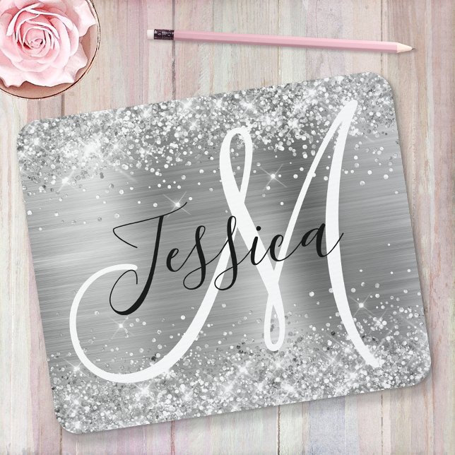 Glittery Silver Foil Black and White Monogram Musmatta (Skapare uppladdad)