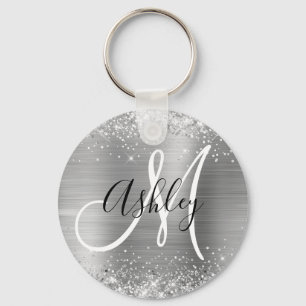 Glittery Silver Foil Black and White Monogramme Nyckelring