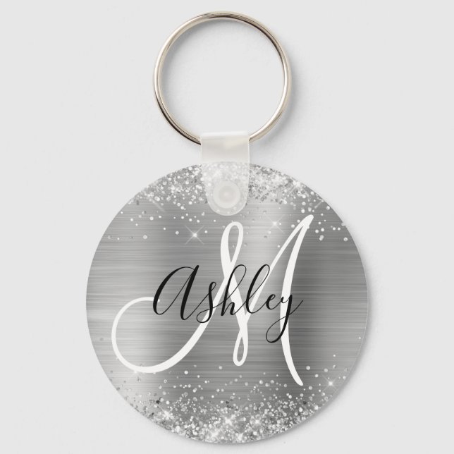 Glittery Silver Foil Black and White Monogramme Nyckelring (Framsida)