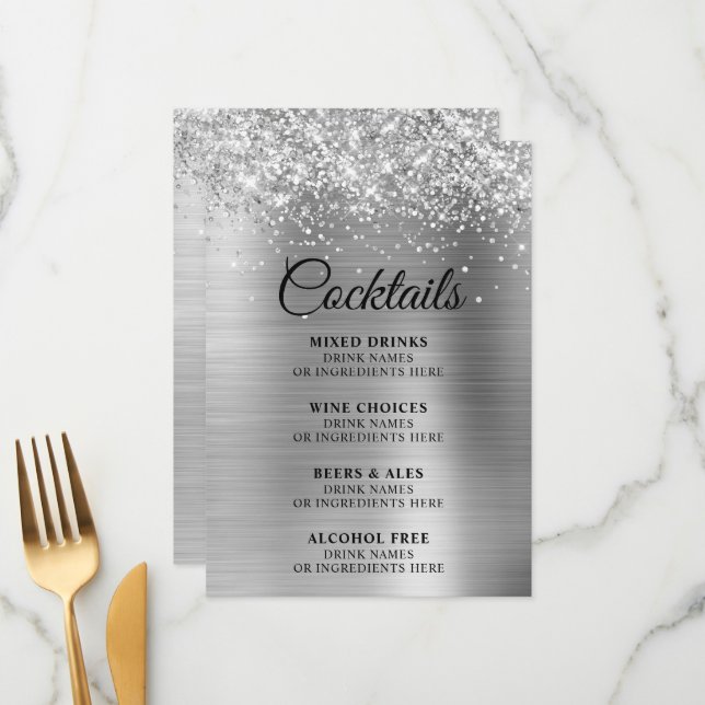 Glittery Silver Foil Cocktails Pub Meny (Fram/Back In Situ)