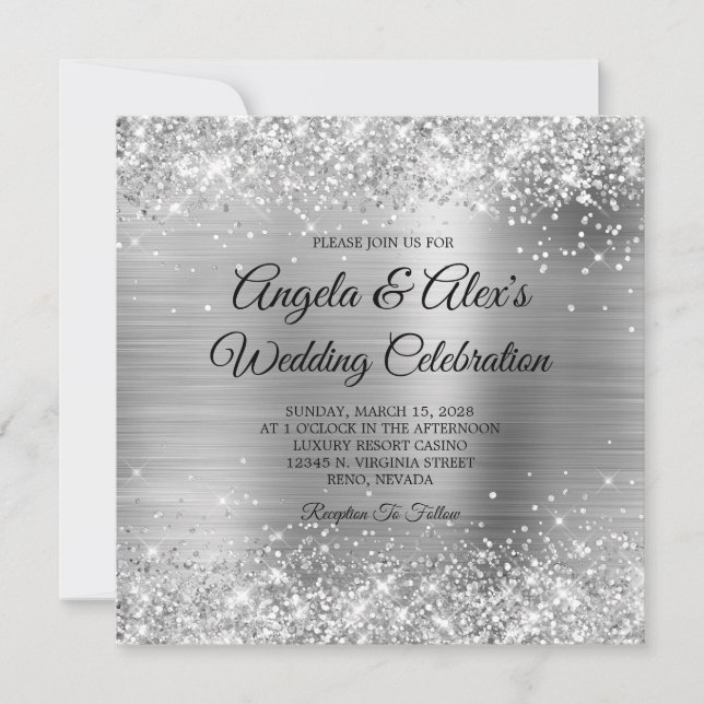 Glittery Silver Foil Elegant bröllop Inbjudningar (Framsida)