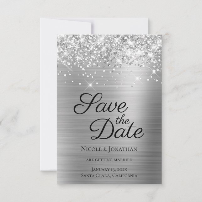 Glittery Silver Foil Elegant Calligraphy Spara Datumet (Framsida)