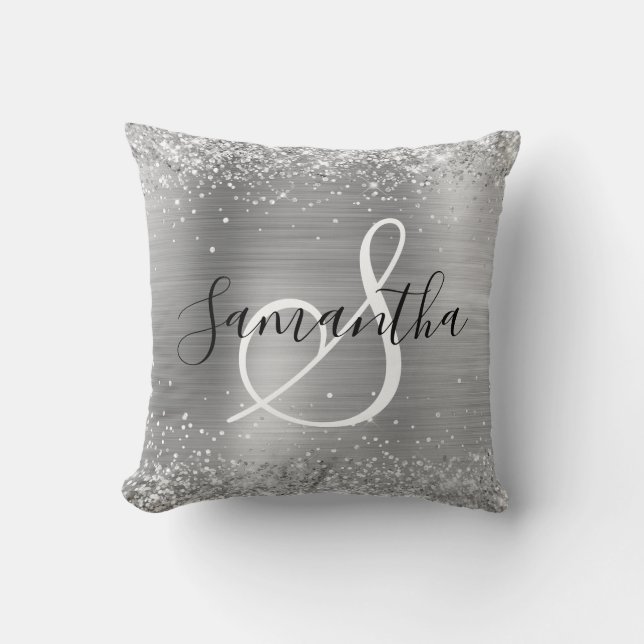 Glittery Silver Foil Elegant Monogrammed Kudde (Framsida)