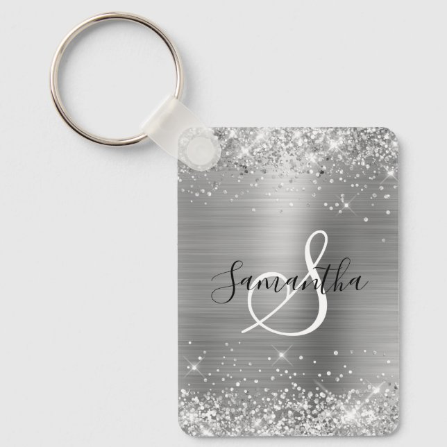 Glittery Silver Foil Elegant Monogrammed Nyckelring (Framsida)