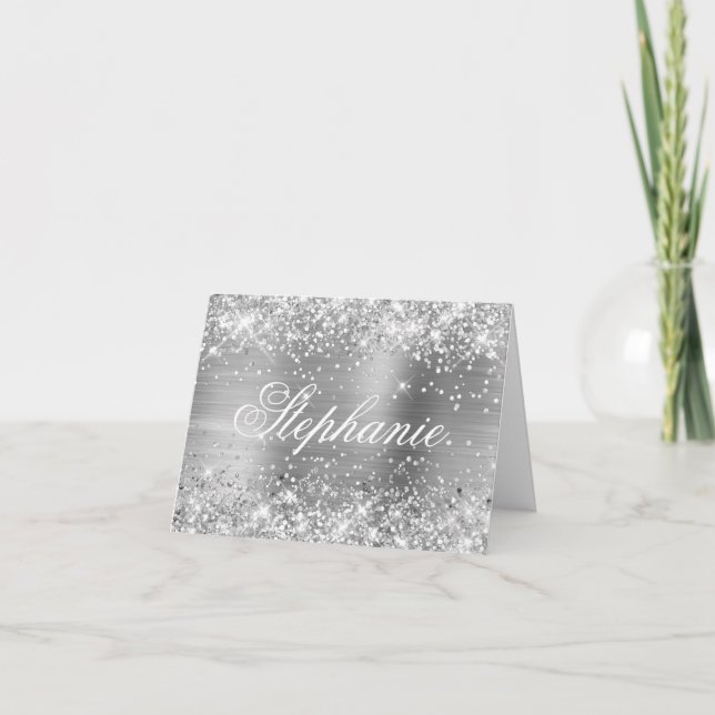 Glittery Silver Foil Finare Calligraphy Anteckningskort (Framsida)