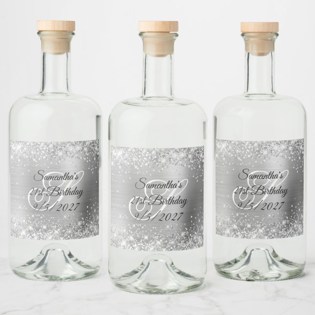 Glittery Silver Foil Finare Monogram 21:a födelsed Spritflaskor Etikett (Flaskor)